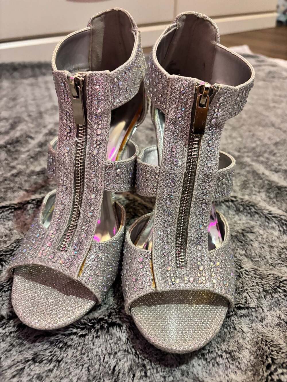 Silver Slipper Rhinestone Embellished Front Zip Stiletto Sandals 7.5